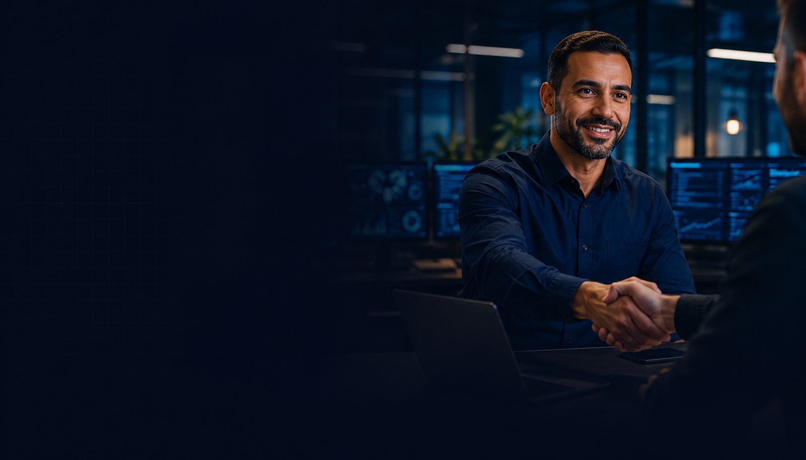 A confident IT professional greeting a client