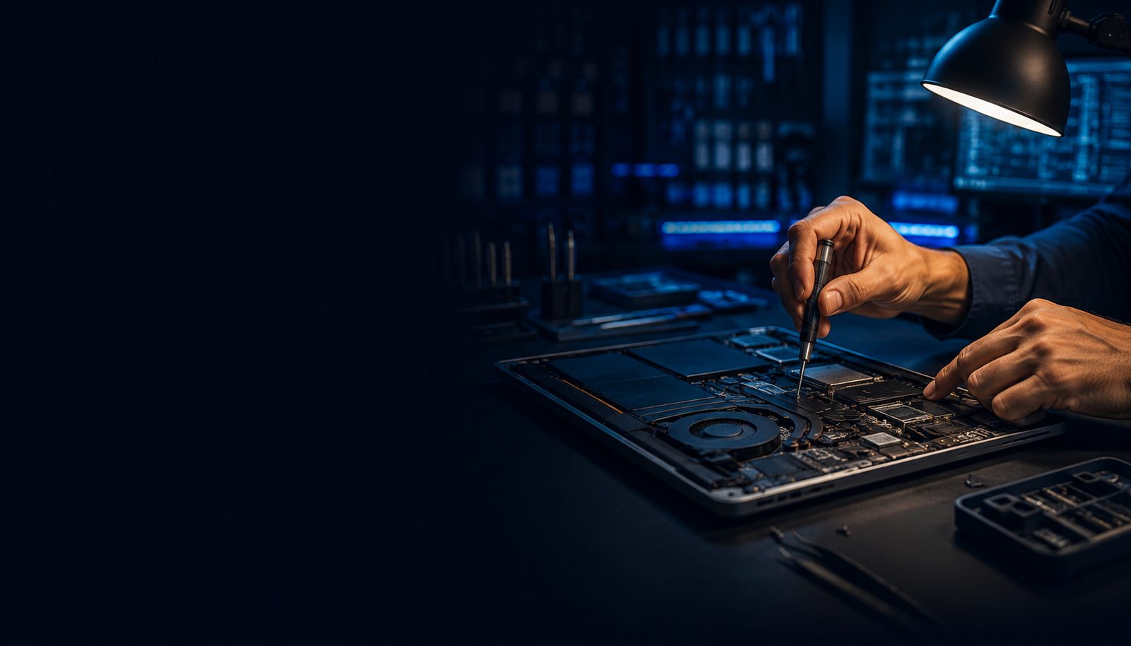 Technician repairing the internals of a laptop