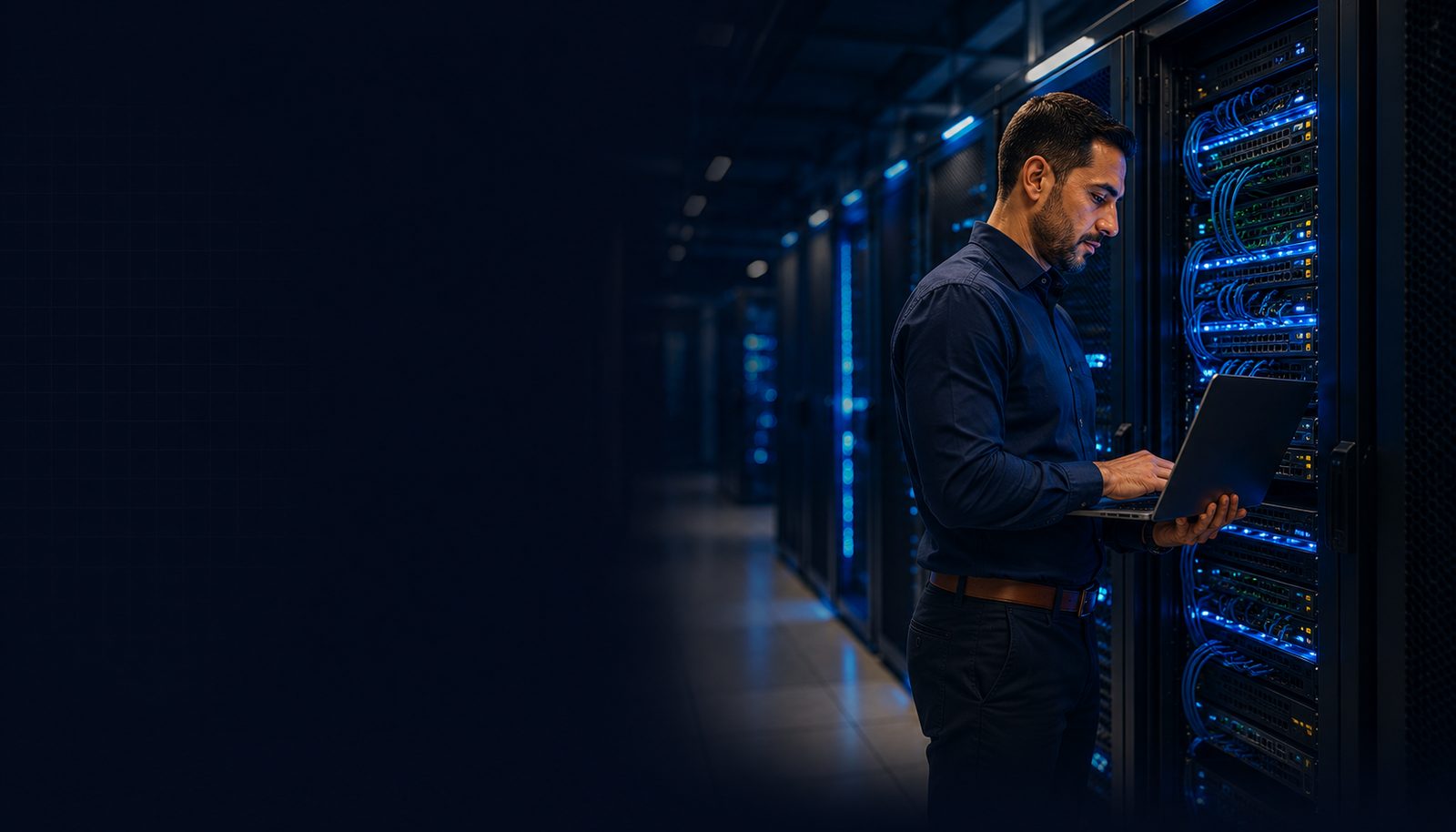 Engineer working on network equipment in a server room